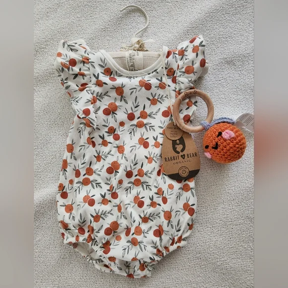 Rabbit & Bear Orange Print Baby Romper W/Rattle - Picture 1 of 5